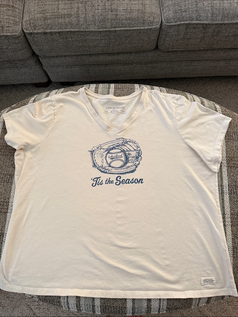Life Is Good White V-Neck Tee with Navy Baseball Glove Graphic